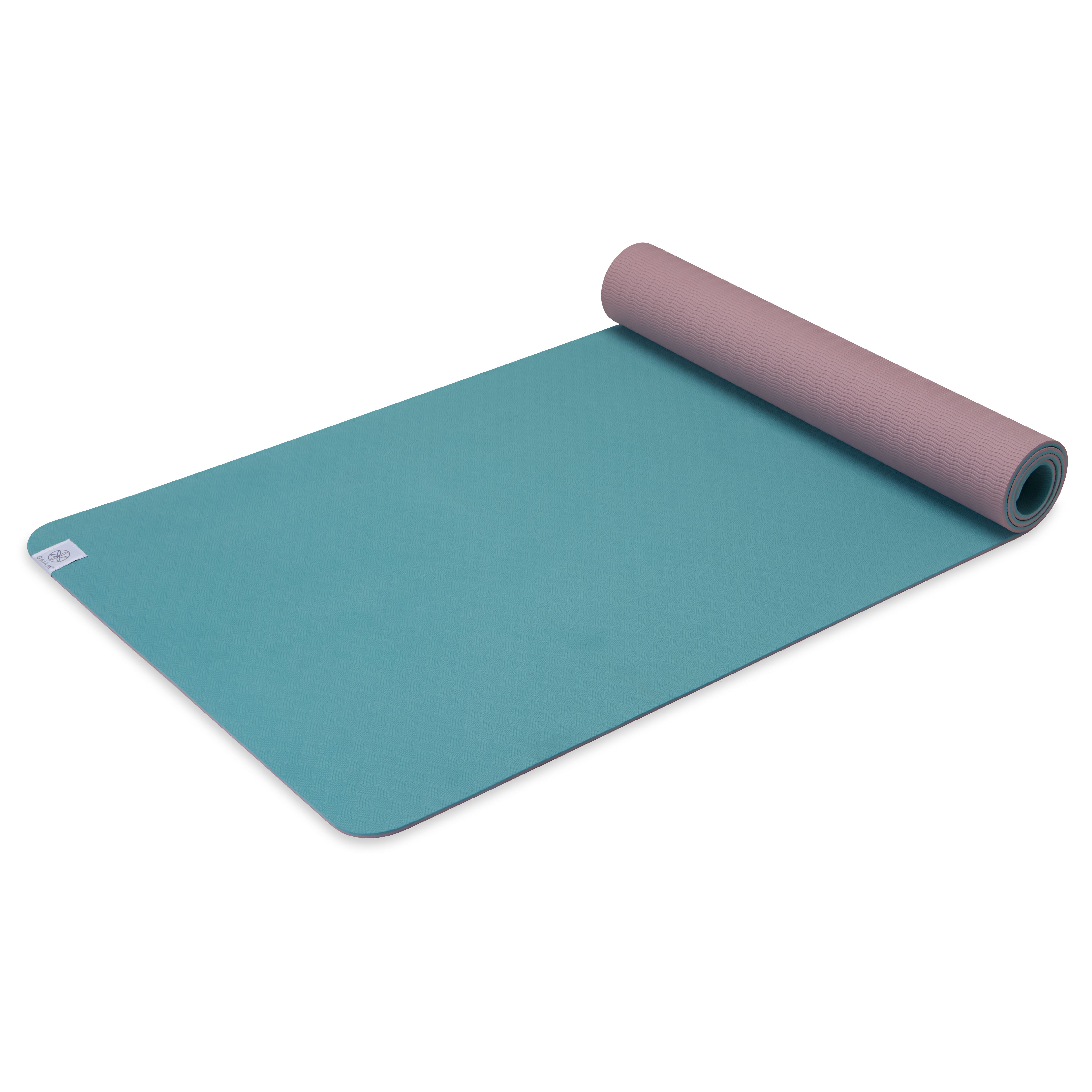 Gaiam Performance Yoga Mat (6mm) Seafoam/Dusty Pink top rolled angle